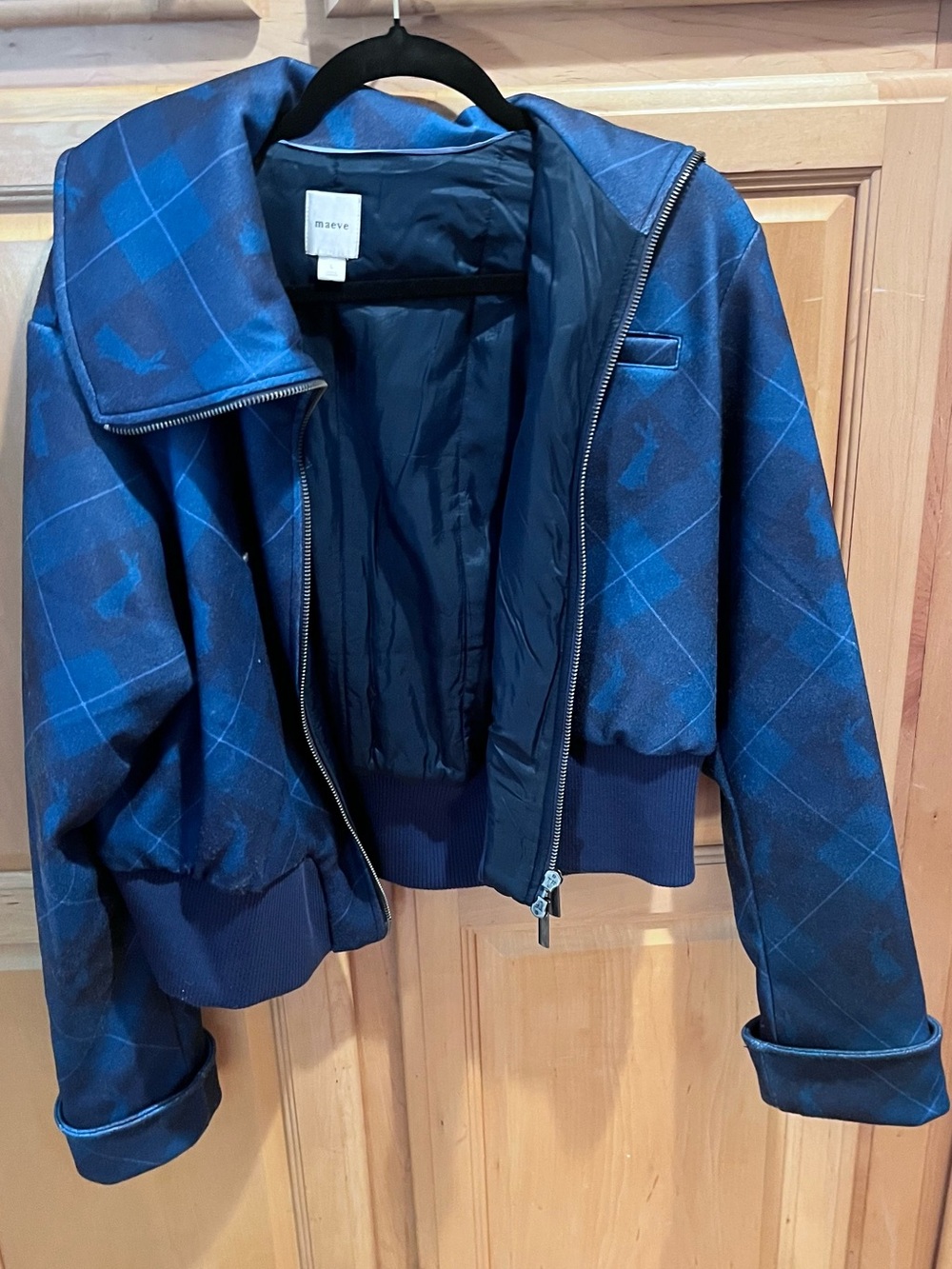 Maeve Navy Blue Plaid Bomber Jacket from Anthropologie